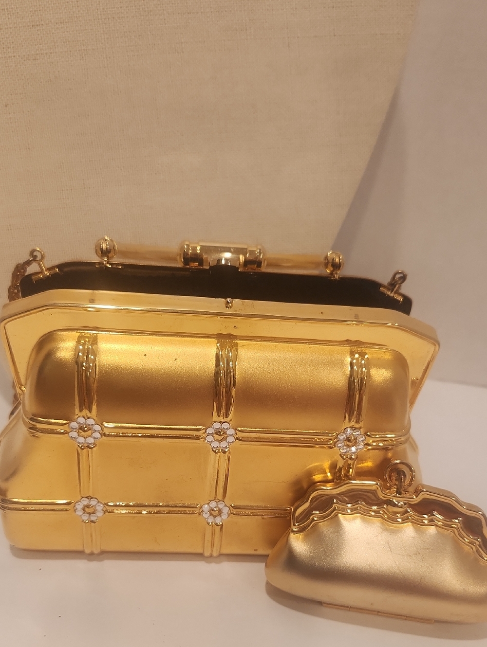 Gold Quilted Frame Evening Bag with Rhinestone Accents & Pill Purse Coins Others
